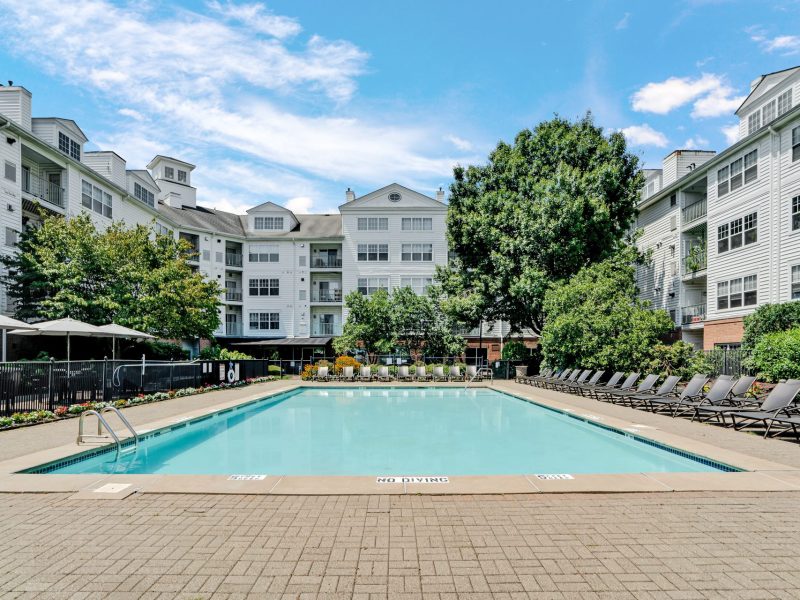 Luxury pool and lounge area at TGM Anchor Point apartments under a bright blue sky.